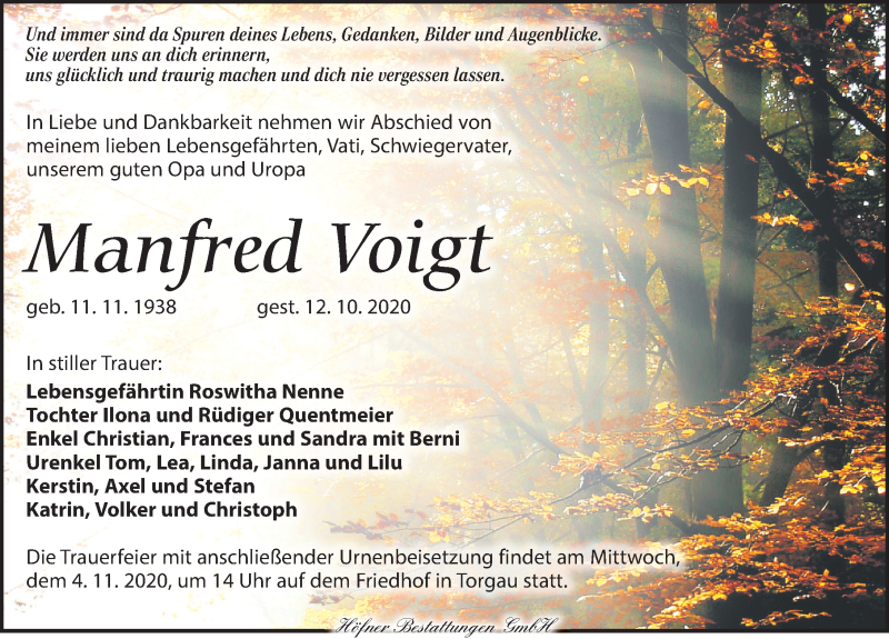  Traueranzeige für Manfred Voigt vom 17.10.2020 aus Torgauer Zeitung