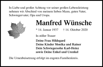 Traueranzeige von Manfred Wünsche von Ostsee-Zeitung GmbH