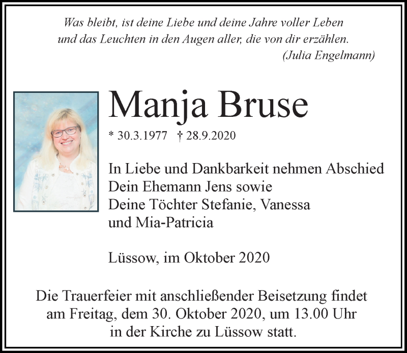  Traueranzeige für Manja Bruse vom 17.10.2020 aus Ostsee-Zeitung GmbH