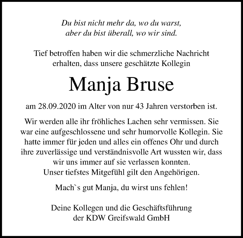  Traueranzeige für Manja Bruse vom 17.10.2020 aus Ostsee-Zeitung GmbH