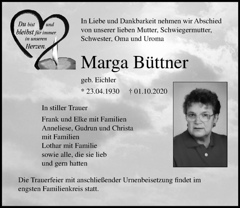  Traueranzeige für Marga Büttner vom 17.10.2020 aus Ostsee-Zeitung GmbH