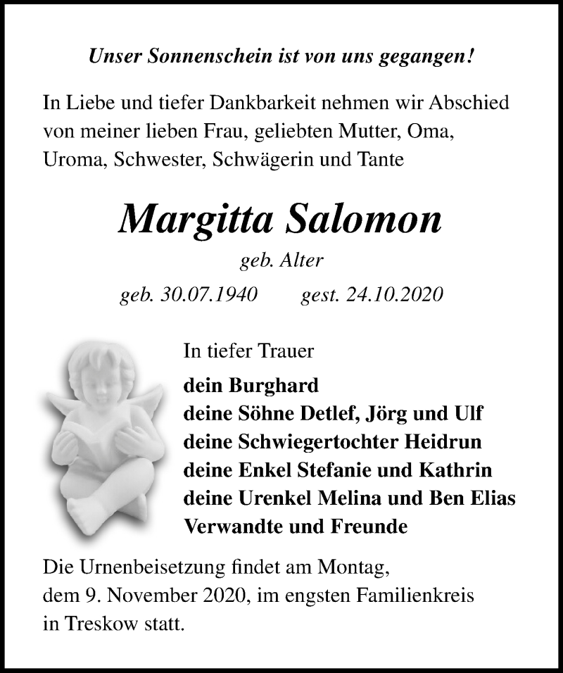  Traueranzeige für Margitta Salomon vom 30.10.2020 aus Märkischen Allgemeine Zeitung