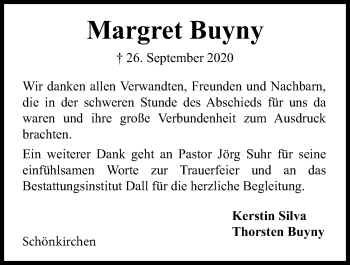 Traueranzeige von Margret Buyny von Kieler Nachrichten
