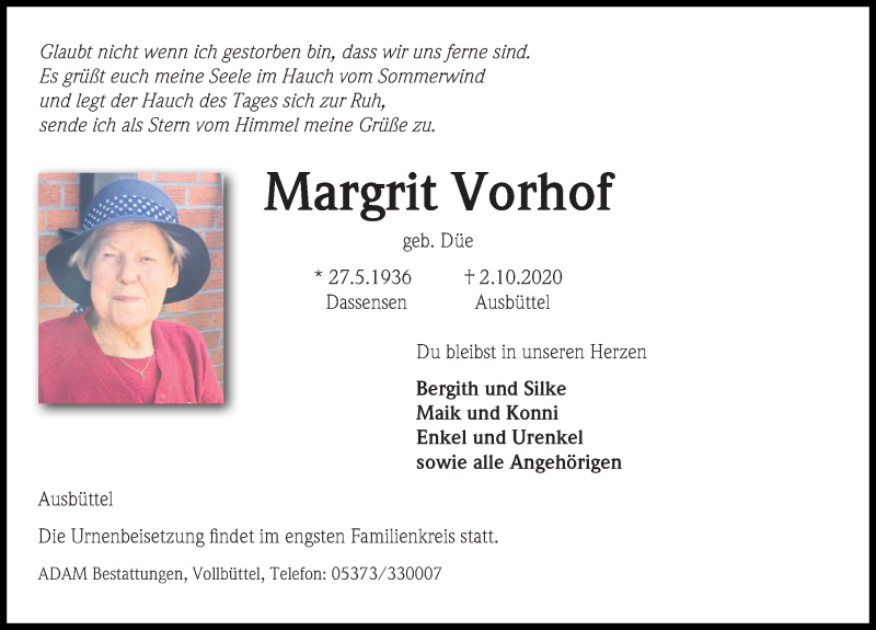  Traueranzeige für Margrit Vorhof vom 30.10.2020 aus Aller Zeitung