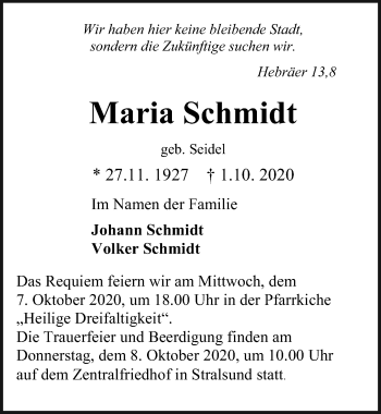 Traueranzeige von Maria Schmidt von Ostsee-Zeitung GmbH