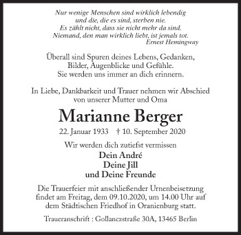 Traueranzeige von Marianne Berger von Märkischen Allgemeine Zeitung