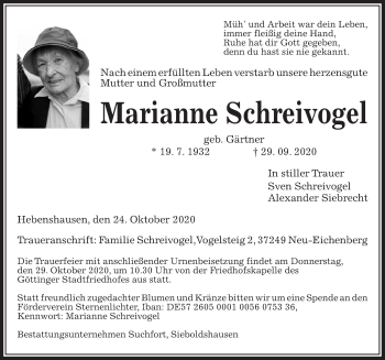 Traueranzeige von Marianne Schreivogel von Göttinger Tageblatt