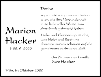 Traueranzeige von Marion Hacker von Kieler Nachrichten