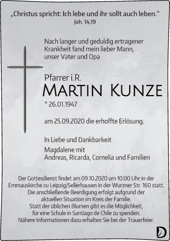 Traueranzeigen von Martin Kunze | trauer-anzeigen.de