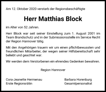 Traueranzeige von Matthias Block von Hannoversche Allgemeine Zeitung/Neue Presse