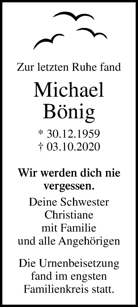  Traueranzeige für Michael Bönig vom 30.10.2020 aus Ostsee-Zeitung GmbH