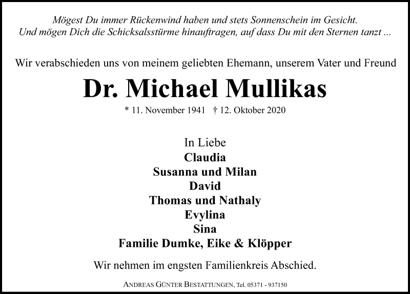  Traueranzeige für Michael Mullikas vom 19.10.2020 aus Aller Zeitung