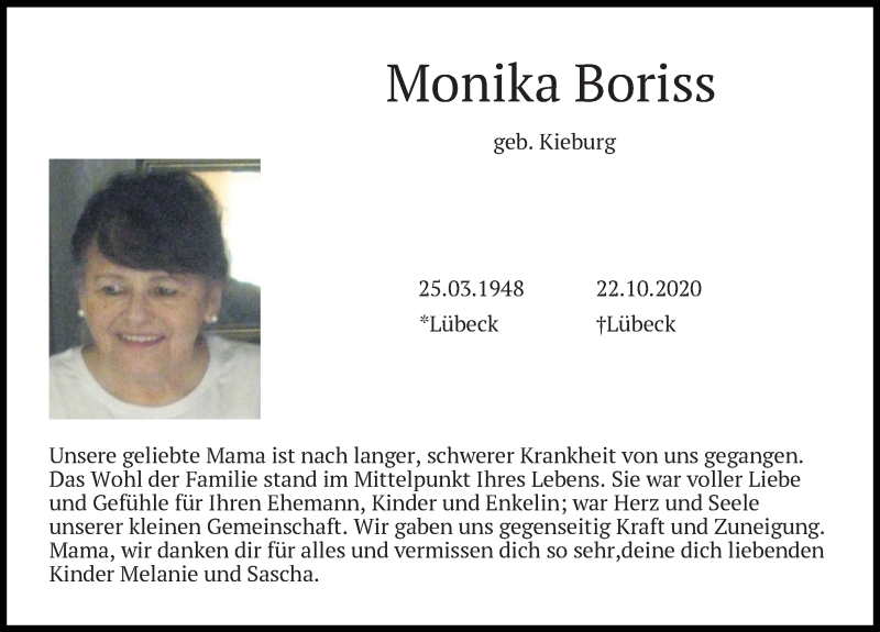  Traueranzeige für Monika Boriss vom 31.10.2020 aus Lübecker Nachrichten