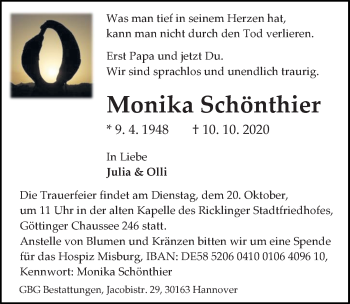 Traueranzeige von Monika Schönthier von Hannoversche Allgemeine Zeitung/Neue Presse