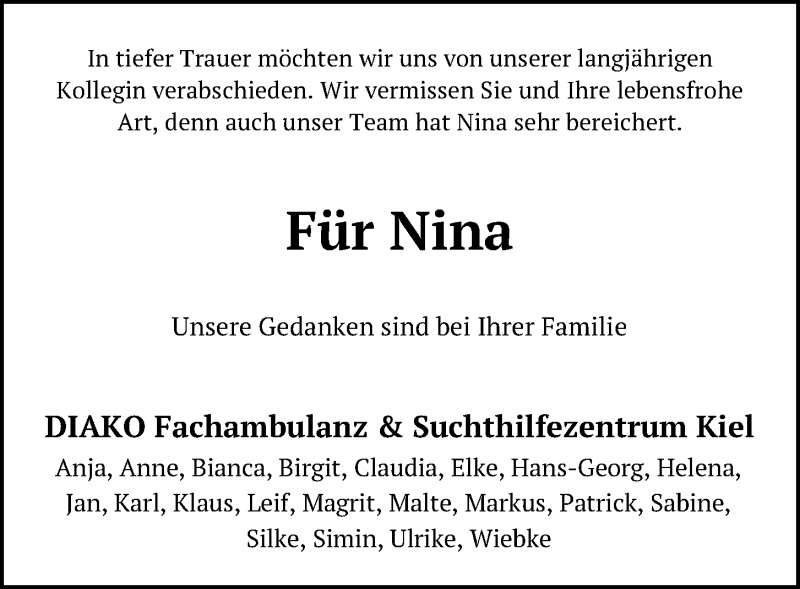  Traueranzeige für Nina Hübner vom 30.10.2020 aus Kieler Nachrichten
