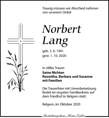 Traueranzeige von Norbert Lang von Torgauer Zeitung