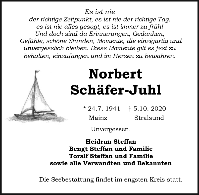  Traueranzeige für Norbert Schäfer-Juhl vom 10.10.2020 aus Ostsee-Zeitung GmbH