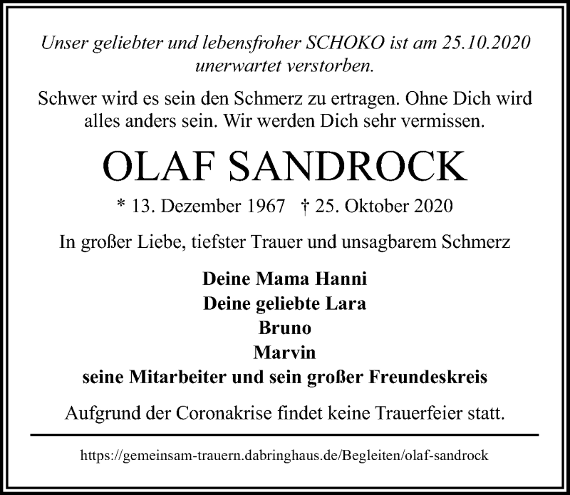  Traueranzeige für Olaf Sandrock vom 31.10.2020 aus Lübecker Nachrichten