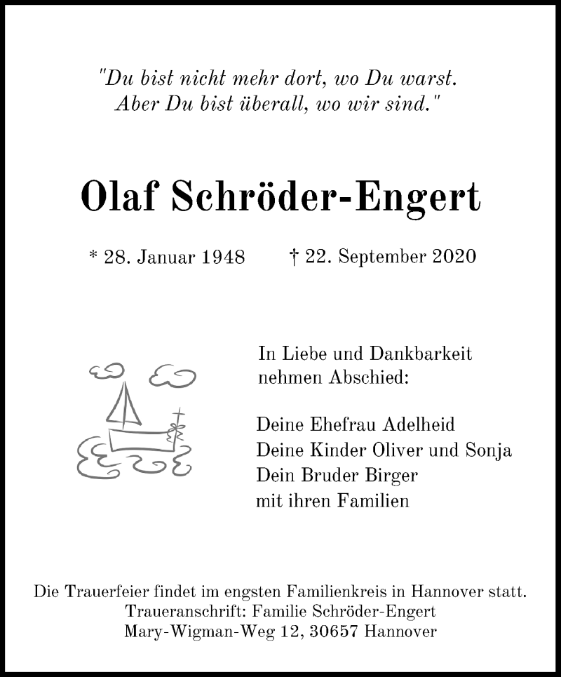 Traueranzeige für Olaf Schröder-Engert vom 02.10.2020 aus Hannoversche Allgemeine Zeitung/Neue Presse