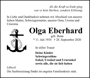 Traueranzeige von Olga Eberhard von Lübecker Nachrichten