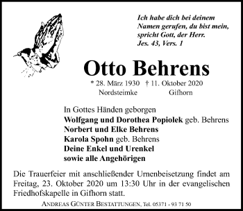 Traueranzeige von Otto Behrens von Aller Zeitung