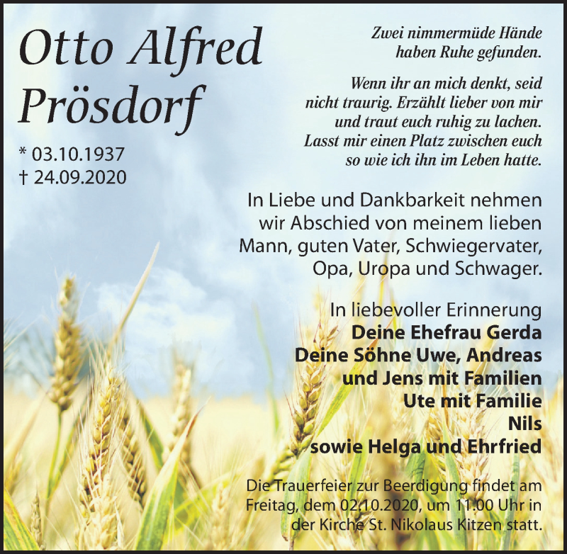  Traueranzeige für Otto Alfred Prösdorf vom 01.10.2020 aus Leipziger Volkszeitung