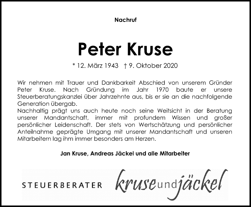  Traueranzeige für Peter Kruse vom 17.10.2020 aus Kieler Nachrichten