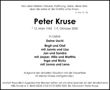 Traueranzeige von Peter Kruse von Kieler Nachrichten