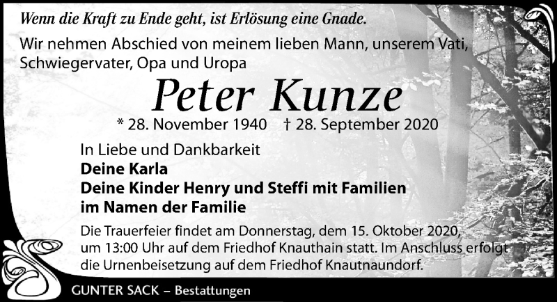  Traueranzeige für Peter Kunze vom 10.10.2020 aus Leipziger Volkszeitung
