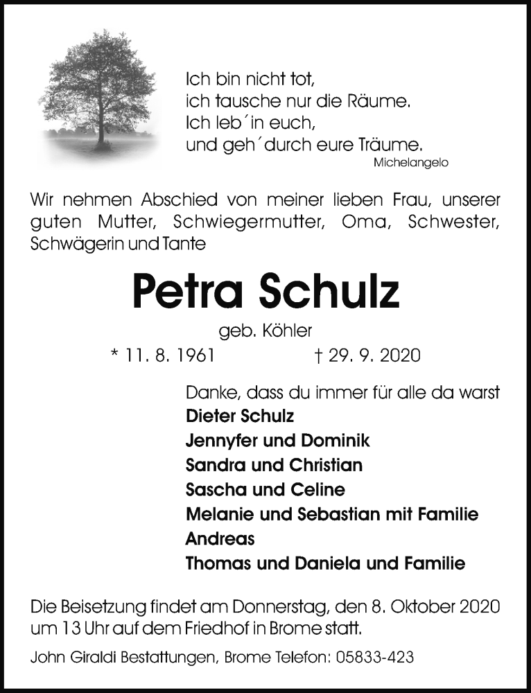  Traueranzeige für Petra Schulz vom 02.10.2020 aus Aller Zeitung