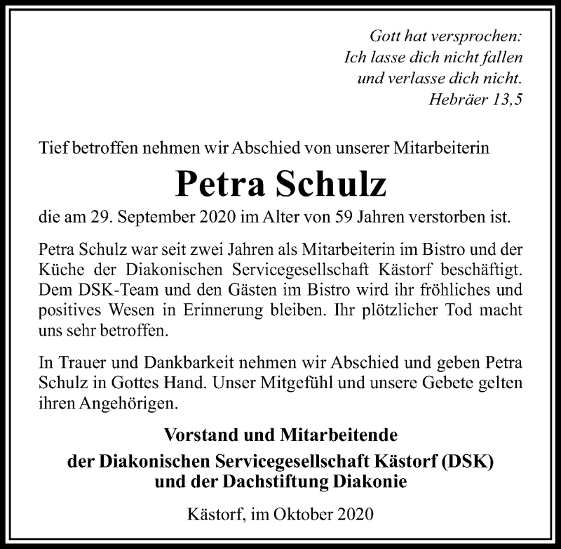  Traueranzeige für Petra Schulz vom 06.10.2020 aus Aller Zeitung