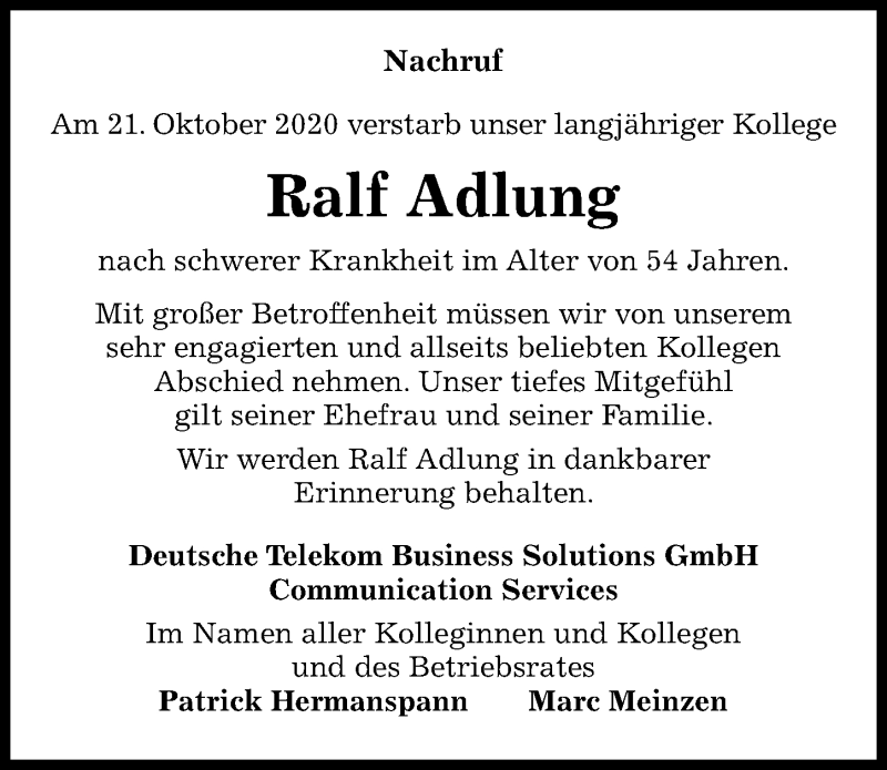  Traueranzeige für Ralf Adlung vom 30.10.2020 aus Hannoversche Allgemeine Zeitung/Neue Presse