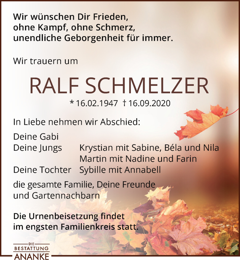  Traueranzeige für Ralf Schmelzer vom 17.10.2020 aus Leipziger Volkszeitung