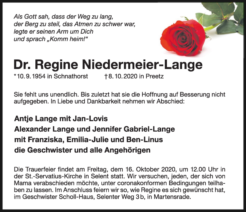  Traueranzeige für Regine Niedermeier-Lange vom 13.10.2020 aus Kieler Nachrichten