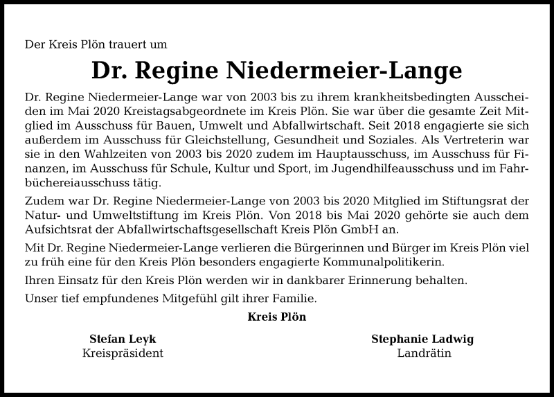  Traueranzeige für Regine Niedermeier-Lange vom 13.10.2020 aus Kieler Nachrichten