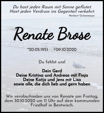 Traueranzeige von Renate Brose von Ostsee-Zeitung GmbH