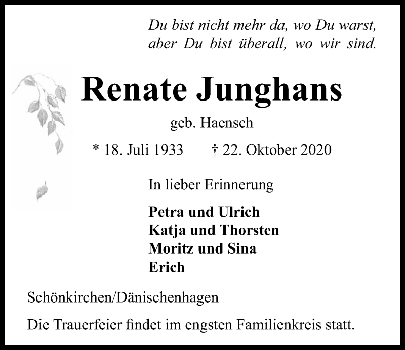 Traueranzeigen von Renate Junghans trauer anzeigen.de