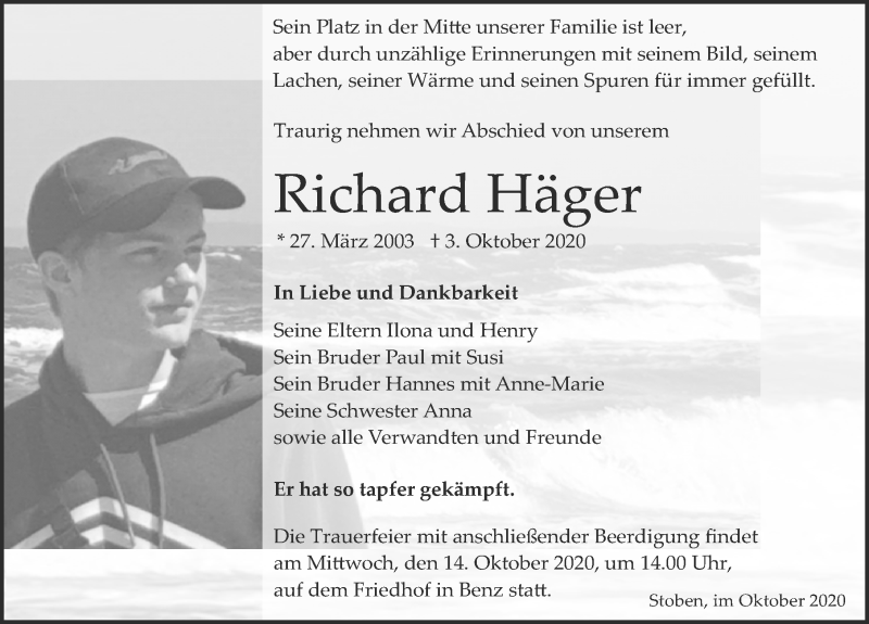  Traueranzeige für Richard Häger vom 10.10.2020 aus Ostsee-Zeitung GmbH