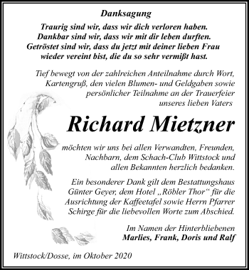 Traueranzeige von Richard Mietzaser von Märkischen Allgemeine Zeitung