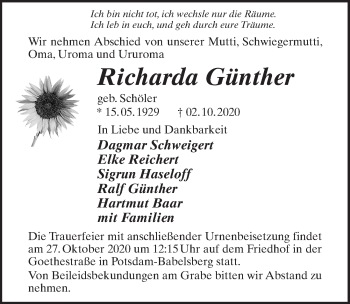 Traueranzeige von Richarda Günther von Märkischen Allgemeine Zeitung