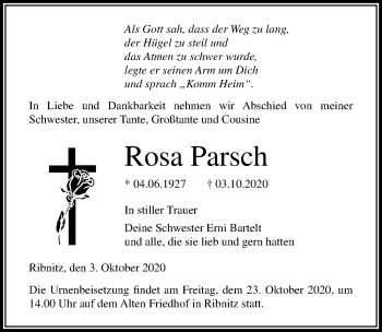 Traueranzeige von Rosa Parsch von Ostsee-Zeitung GmbH