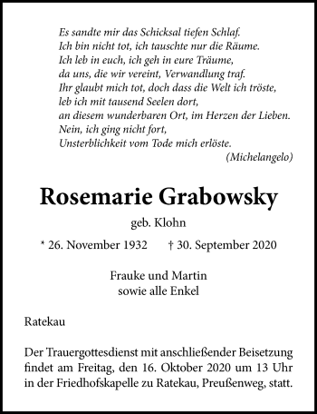 Traueranzeige von Rosemarie Grabowsky von Lübecker Nachrichten