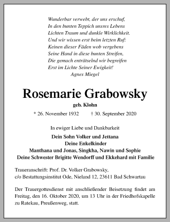 Traueranzeige von Rosemarie Grabowsky von Lübecker Nachrichten