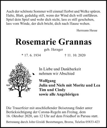 Traueranzeige von Rosemarie Grannas von Aller Zeitung