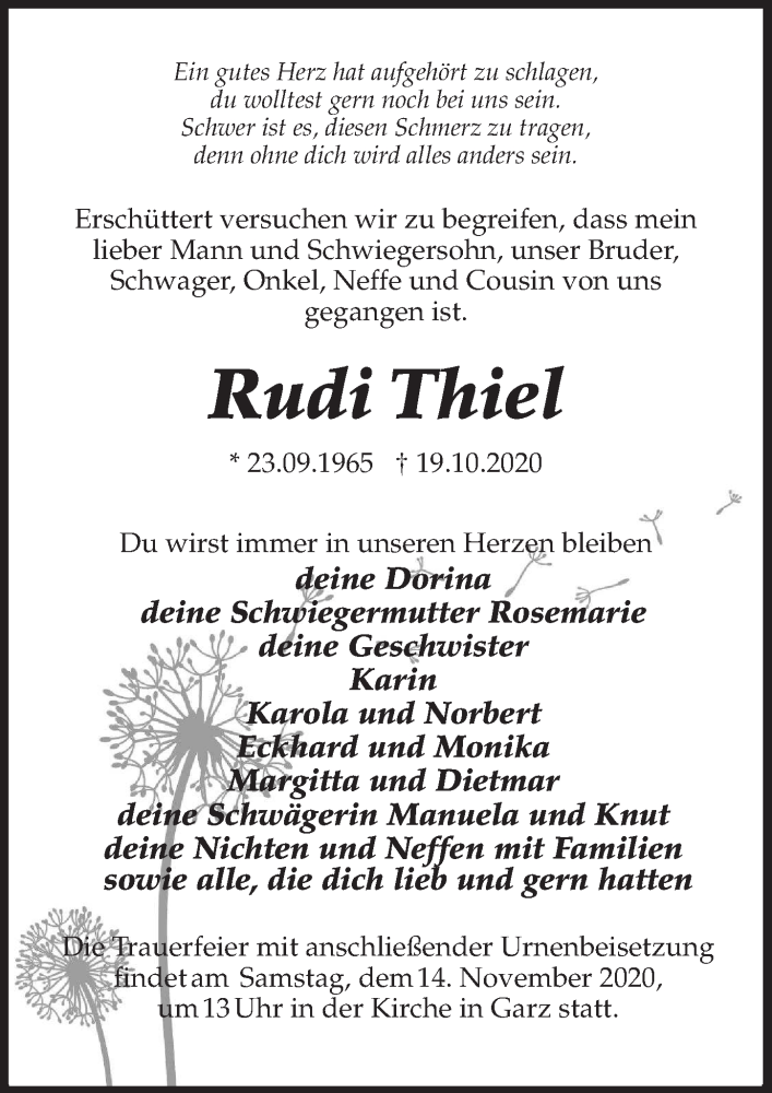  Traueranzeige für Rudi Thiel vom 24.10.2020 aus Märkischen Allgemeine Zeitung
