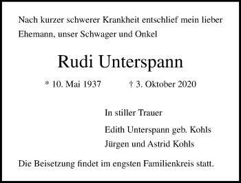 Traueranzeige von Rudi Unterspann von Lübecker Nachrichten