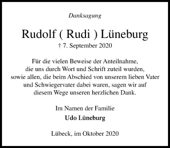 Traueranzeige von Rudolf Lüneburg von Lübecker Nachrichten