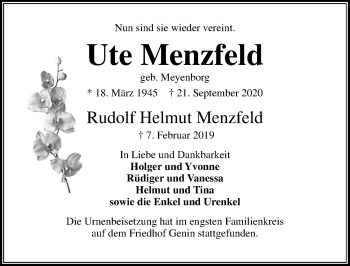 Traueranzeige von Rudolf Helmut Menzfeld von Lübecker Nachrichten
