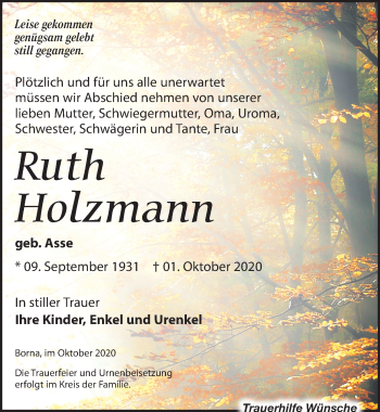 Traueranzeige von Ruth Holzmann von Leipziger Volkszeitung