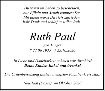 Traueranzeige von Ruth Paul